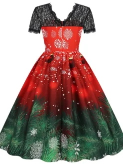 Women's Christmas Swing Dress Vintage DressKnee Length Dress Green Wine Dark Green Fuchsia Red Black Short Sleeve Santa Claus Snowman Snowflake Lace Print Fall Winter V Neck Vacation Vintage 2022 S -HANs Plus Size Style Shop bwolvp1665293363638