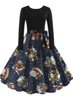 Women's Christmas Vintage DressKnee Length Dress Green Black Dark Blue Red Long Sleeve Geometric Tree Print Print Fall Winter Crew Neck Vintage Elegant 2022 S M L XL XXL 3XL -HANs Plus Size Style Shop bxbfss1663151841044