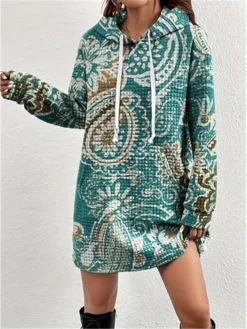 Women's Casual Dress Hoodie Dress Mini Dress Warm Fashion Outdoor Vacation Going Out V Neck Pocket Print Floral Loose Fit Green S M L XL XXL