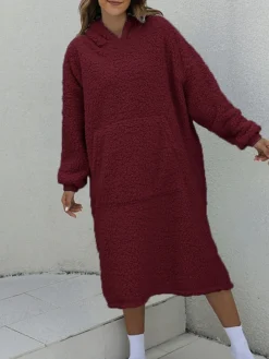 Women's Casual Dress Hoodie Dress Midi Dress Active Fashion Outdoor Home Holiday V Neck Pocket Solid Color Loose Fit Pink Burgundy Royal Blue M -HANs Plus Size Style Shop bxdhkp1692588261740
