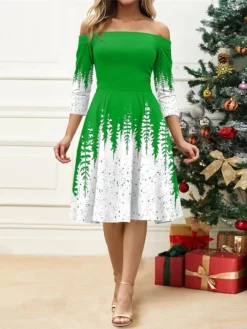 Women's Retro 1950s Vintage Dress Midi Dress Christmas Daily Print Christmas Tree Off Shoulder 3/4 Length Sleeve Slim Spring Fall 2023 Red Blue S M L XL -HANs Plus Size Style Shop bxeltx1697099179947