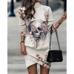 Women's Sweatshirt Dress Winter Dress Shift Dress Midi Dress Black And White Black Gray Black And White Stripes 3/4 Length Sleeve Print Print Fall Winter Autumn Turtleneck Fashion 2023 S M L XL 2XL -HANs Plus Size Style Shop bxevzx1664332397936