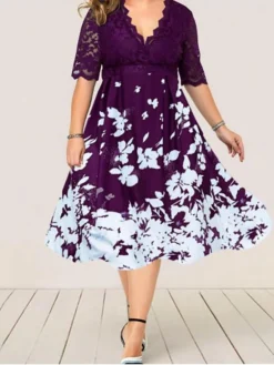 Women‘s Plus Size Curve Party Dress Floral V Neck Lace Half Sleeve Fall Spring Work Vintage Midi Dress Daily Vacation Dress Homecoming Dress Print -HANs Plus Size Style Shop bxgjxf1631239764732