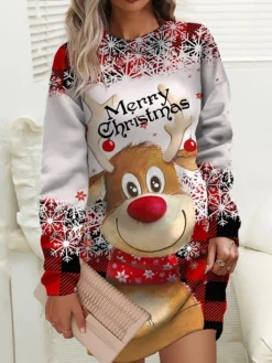 Women‘s Christmas Casual Dress Sweatshirt Dress Mini Dress Warm Fashion Outdoor Holiday Crew Neck Print Animal Tree Loose Fit White Red Burgundy S M L XL XXL -HANs Plus Size Style Shop bxhpcr1694157707856