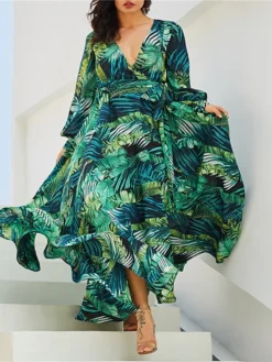 Women's Plus Size A Line Dress Floral V Neck Print Lantern Sleeve Long Sleeve Fall Spring Casual Mumu Maxi Long Dress Daily Holiday Dress