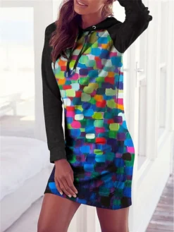Women's Casual Dress Hoodie Dress Winter Dress Geometric Color Block Print Hooded Mini Dress Fashion Streetwear Outdoor Daily Long Sleeve Loose Fit Navy Blue Blue Rainbow Fall Winter S M L XL XXL