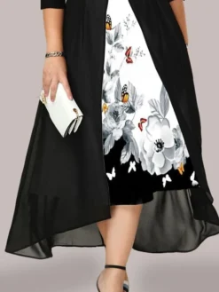 Women‘s Plus Size Curve Holiday Dress Floral V Neck Ruched Half Sleeve Spring Fall Work Elegant Formal Midi Dress Work Dress Print -HANs Plus Size Style Shop bxwmec1658992635709