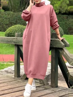 Women‘s Plus Size Curve Sweatshirt Dress Solid Color Stand Collar Long Sleeve Winter Fall Casual Classic Maxi Long Dress Daily Vacation Dress -HANs Plus Size Style Shop bxwmpl1668235020471