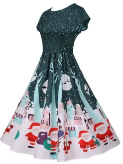 Women's Christmas Knee Length Dress Green Black Red Short Sleeve Print Print Fall Winter Round Neck Casual Vintage2021 S M L XL XXL -HANs Plus Size Style Shop bxyukx1629971724825