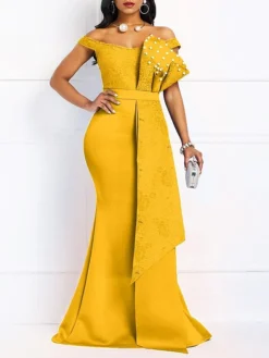 Women‘s Plus Size Curve Party Dress Sheath Dress Black Dress Solid Color Long Dress Maxi Dress Sleeveless Lace Ruffle Off Shoulder Fashion Party Yellow Red Summer Spring L XL XXL 3XL -HANs Plus Size Style Shop bygwjz1680602311968