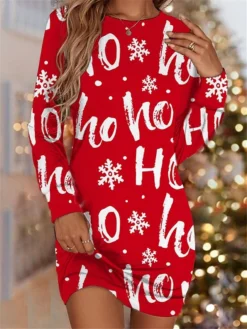 Women's Christmas Sweatshirt Dress Shift Dress Blue Red Long Sleeve Letter Print Winter Fall Autumn Fashion Christmas Daily Loose Fit 2022 S M L XL XXL 3XL -HANs Plus Size Style Shop byuccy1667798469190