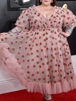 Women‘s Plus Size Curve Party Dress Swing Dress A Line Dress Strawberry Long Dress Maxi Dress Half Sleeve Mesh Patchwork V Neck Fashion Party Pink Spring Summer L XL XXL 3XL 4XL -HANs Plus Size Style Shop byvpum1676963391671