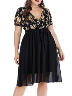 Women‘s Plus Size Curve Party Dress Cocktail Dress Wedding Guest Dress Midi Dress Black Wine Short Sleeve Floral Lace Up Summer Spring Fall V Neck Fashion Birthday Wedding Guest Vacation 2023 -HANs Plus Size Style Shop bywgpg1691399396916