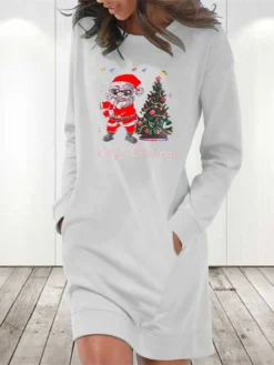 Women's Christmas Hoodie Dress Winter Dress Light Blue Grey White Long Sleeve Letter Santa Claus Tree Pocket Print Winter Fall Crew Neck Stylish Casual Loose Fit 2022 S M L XL 2XL / Cotton -HANs Plus Size Style Shop byxyln1666927893614