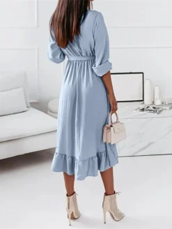 Women‘s Curve Sheath Dress Knee Length Dress Green Black Pink Light Blue Long Sleeve Solid Color Lace Up Ruffle Plus High Low Fall Spring V Neck Elegant Vintage Party Loose 2023 S M L XL XXL 3XL -HANs Plus Size Style Shop byzoze1635330866404