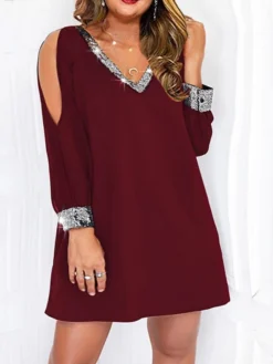 Women‘s Plus Size Curve Party Dress Solid Color V Neck Sequins Long Sleeve Fall Spring Work Casual Sequins Prom Dress Short Mini Dress Casual Daily DressSequin DressHomecoming Dress