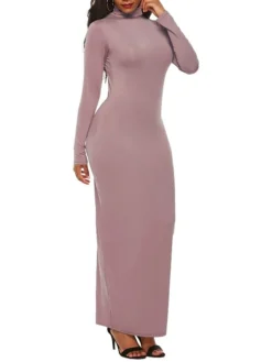 Women's Casual Dress Bodycon Plain Dress Long Dress Maxi Dress Ruched Daily Holiday Date Fashion Streetwear Turtleneck Long Sleeve 2023 Regular Fit Yellow Pink Burgundy Color S M L Size -HANs Plus Size Style Shop cadjra1694154152632