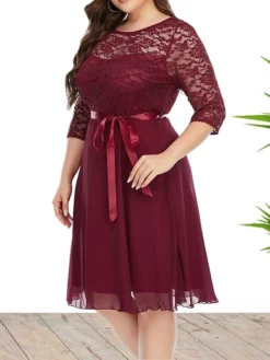 Women's Plus Size Curve Party Dress Lace Dress Sheath Dress Solid Color Midi Dress 3/4 Length Sleeve Lace Up Lace Crew Neck Fashion Wedding White Wine Spring Fall XL XXL 3XL 4XL 5XL -HANs Plus Size Style Shop caesbf1693533324567