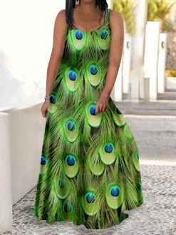 Women‘s Plus Size Curve Casual Dress Swing Dress Strap Dress Peacock Feather Long Dress Maxi Dress Sleeveless Print Strap Romantic Daily Deep Green Multicolor Summer Spring L XL XXL 3XL 4XL -HANs Plus Size Style Shop cafeoz1679902283120