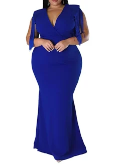 Women‘s Plus Size Curve Party Dress Solid Color V Neck Tassel Fringe Sleeveless Spring Summer Formal Maxi Long Dress Party Date Dress -HANs Plus Size Style Shop cajvfv1659936868682