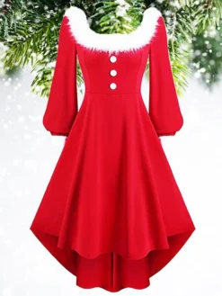 Women‘s Christmas Retro Elegant Vintage Dress Midi Dress Party Patchwork Button Plain Square Neck Long Sleeve Regular Fit Fall Winter 2023 Red S M L XL -HANs Plus Size Style Shop canvyu1694497706550