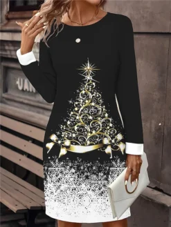 Women‘s Christmas Casual Dress Sweatshirt Dress Mini Dress Active Fashion Outdoor Holiday Crew Neck Print Snowman Tree Loose Fit Black White Wine S M L XL XXL -HANs Plus Size Style Shop caoomn1695195007602