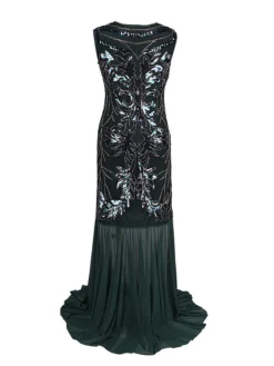 Women's Retro 1920s Sequin Dress Long Dress Maxi Dress Party Evening Party Sequins Patchwork Floral V Neck Sleeveless Regular Fit Spring Fall 2023 Black Red S M L XL -HANs Plus Size Style Shop casegv1693533782937