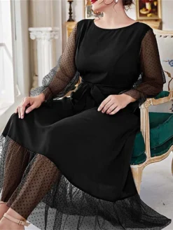 Women's Plus Size Prom Dress Party Dress Wedding Guest Dress Long Dress Maxi Dress Black Brown Long Sleeve Pure Color Lace Up Fall Winter Autumn Crew Neck Fashion Winter Dress Evening Party Wedding -HANs Plus Size Style Shop caspdr1693535306709
