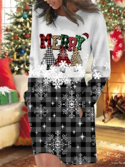 Women's Christmas Casual Dress Sweatshirt Dress Mini Dress Warm Fashion OutdoorHoliday Crew Neck Pocket Print GeometricTree Snowflake Loose Fit Wine Blue Gray S M L XL XXL -HANs Plus Size Style Shop cavceh1695644508922