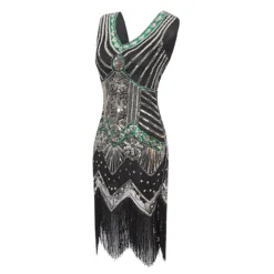 Women's Retro 1920s Fringe Dress Midi Dress Party Halloween Sequins Tassel Fringe Floral V Neck Sleeveless Regular Fit Spring Fall 2023 Black White S M L XL -HANs Plus Size Style Shop cawclt1692610427928