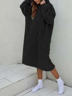 Women's Casual Dress Hoodie Dress Midi Dress Active Fashion Outdoor Home Holiday V Neck Pocket Solid Color Loose Fit Pink Burgundy Royal Blue M -HANs Plus Size Style Shop cazvdp1692588263781