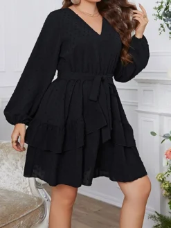 Women's Plus Size Party Dress Cocktail Dress Swing Dress Mini Dress Black Long Sleeve Pure Color Lace Up Spring Fall Winter V Neck Fashion Winter Dress Birthday Wedding Guest 2023 XL XXL 3XL 4XL -HANs Plus Size Style Shop cbkrol1692343047217
