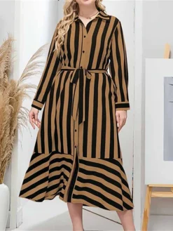 Women's Plus Size Curve Shirt Dress Casual Dress Midi Dress Outdoor Daily Vacation Polyester Fashion Classic Shirt Collar Lace Up Button Long Sleeve Spring Fall Winter Loose Fit Yellow Striped L XL