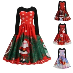Women's Christmas Swing Dress Vintage DressKnee Length Dress Green Purple Wine Red Long Sleeve Santa Claus Tree Candy Print Fall Winter Crew Neck Vacation Vintage 2022 S M L XL XXL 3XL