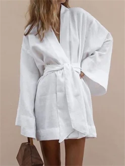 Women's Casual Dress Winter Dress Linen Dress Mini Dress White Green Long Sleeve Pure Color With Belt Summer Spring V Neck Fashion Vacation Fall Dress Spring Dress Loose Fit 2023 S M L XL 2XL