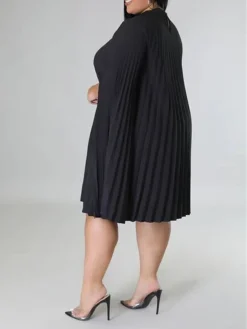 Women‘s Plus Size Curve Casual Dress Shift Dress Solid Color Midi Dress Long Sleeve Pleated Stand Collar Basic Daily Black White Fall Spring XL XXL 3XL 4XL 5XL -HANs Plus Size Style Shop ccbqyz1672817489722
