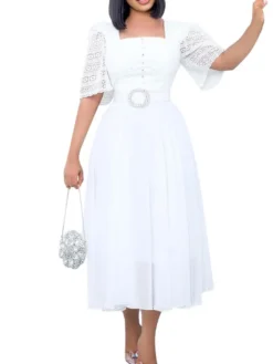 Women‘s Plus Size Curve Holiday Dress Solid Color Square Neck Ruched Half Sleeve Spring Fall Work Formal Midi Dress Holiday Vacation Dress