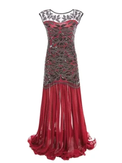 Women's Retro 1920s Sequin Dress Long Dress Maxi Dress Party Halloween Sequins Ruffle Leaf Crewneck Sleeveless Regular Fit Spring Fall 2023 Black Red S M L XL -HANs Plus Size Style Shop cckhuq1692947216125