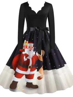 Women's Christmas Party Dress Knee Length Dress Purple Royal Blue Dark Blue Red Black Long Sleeve Elk Tree Bell Bow Print Fall Winter V Neck Vintage Elegant Party 2022 -HANs Plus Size Style Shop cckpjn1632996777162