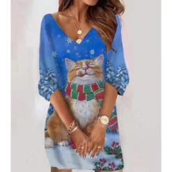 Women‘s Christmas Sweatshirt Dress Winter Dress Short Mini Dress Black 3/4 Length Sleeve Hat Print Fall Winter V Neck Vacation Casual 2022 S M L XL XXL 3XL -HANs Plus Size Style Shop ccrmtw1666786436659