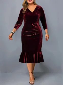 Women's Plus Size Curve Party Dress Velvet Dress Winter Dress Solid Color Midi Dress Long Sleeve Ruched V Neck Fashion Party Black Wine Fall Winter L XL XXL 3XL 4XL -HANs Plus Size Style Shop cdbhmq1694591779501
