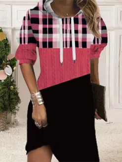 Women‘s Christmas Hoodie Dress Shift Dress Mini Dress Blue Pink Fuchsia Long Sleeve Plaid Print Fall Spring Hooded Daily Vacation Loose Fit 2022 S M L XL XXL 3XL -HANs Plus Size Style Shop cdmawe1668087931780