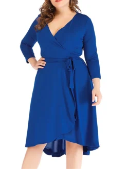 Women‘s Plus Size Curve Work Dress Semi Formal Dress Wrap Dress Fashion Midi Dress Lace Up V Neck Long Sleeve Plain Regular Fit Black Blue Spring Fall XL XXL 3XL 4XL 5XL -HANs Plus Size Style Shop cduxpm1691402327762