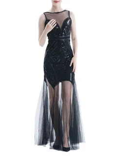 Women's Retro 1920s Sequin Dress Long Dress Maxi Dress Party Halloween Sequins Mesh Geometric Crewneck Sleeveless Regular Fit Spring Fall 2023 Black Pink S M L XL