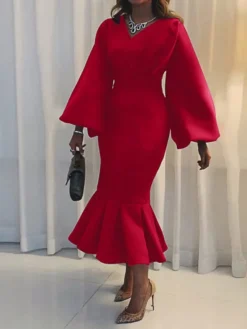 Women‘s Plus Size Curve Party Dress Solid Color V Neck Ruched Puff Sleeve Long Sleeve Winter Fall Casual Maxi Long Dress Party Vacation Dress Sheath Dress Black Dress -HANs Plus Size Style Shop ceccmd1649744188604