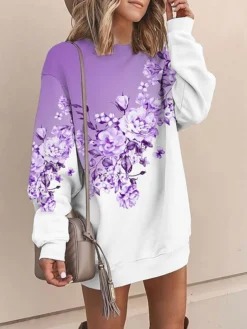 Women's Casual Dress Sweatshirt Dress Mini Dress Warm Fashion Outdoor Vacation Going Out Crew Neck Print Floral Loose Fit Pink Blue Purple S M L XL XXL -HANs Plus Size Style Shop cedhne1694166432222