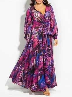 Women's Plus Size A Line Dress Floral V Neck Print Lantern Sleeve Long Sleeve Fall Spring Casual Mumu Maxi Long Dress Daily Holiday Dress -HANs Plus Size Style Shop cekuuu1636376511662