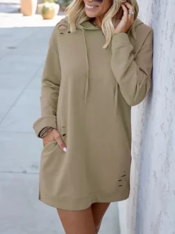 Women's Casual Dress Hoodie Dress Plain Dress Mini Dress Pocket Ripped Outdoor Daily Going Out Active Fashion Hooded Long Sleeve 2023 Loose Fit Pink Khaki Army Green Color S M L XL Size -HANs Plus Size Style Shop ceogdp1694487160557