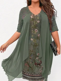 Women's Plus Size Curve Party Dress Cocktail Dress Wedding Guest Dress Midi Dress Green Half Sleeve Floral Lace Spring Fall Winter V Neck Fashion Wedding Guest Fall Dress 2023 L XL XXL 3XL 4XL 5XL -HANs Plus Size Style Shop cetpgb1692856464078