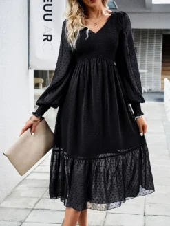 Women's Casual Dress Black Dress Plain Dress Midi Dress Ruched Street Daily Holiday Fashion Streetwear V Neck Long Sleeve 2023 Slim Black Blue Dark Blue Color S M L XL Size